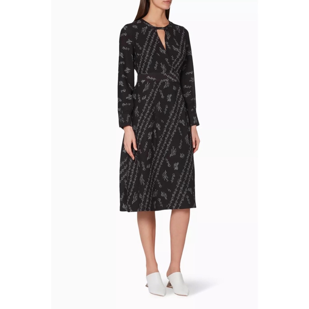 Club Monaco Islynn Floral Print Faux Wrap Dress Long Sleeve Sheath Midi Black